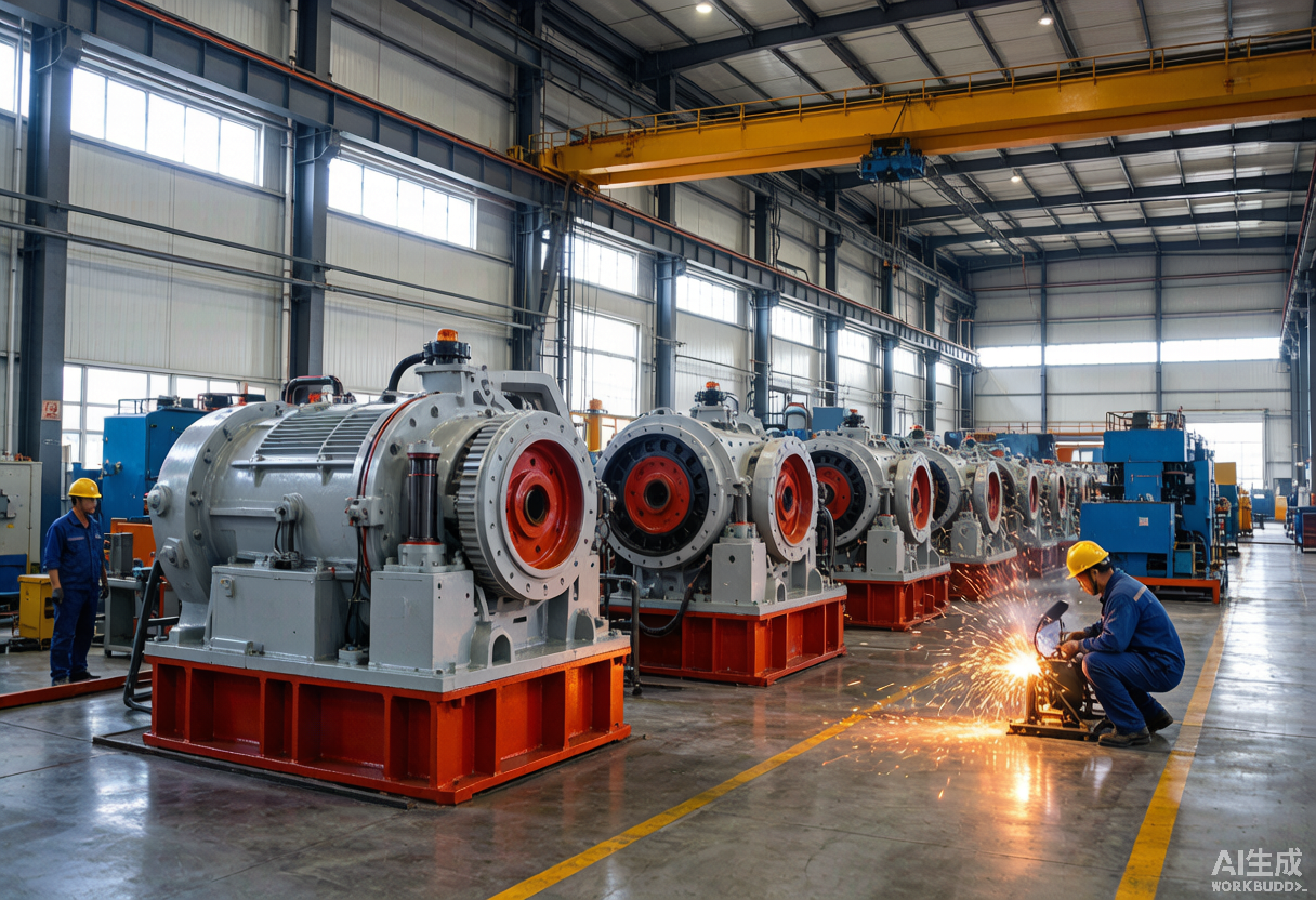 Heavy machinery factory workshop with crusher assembly line