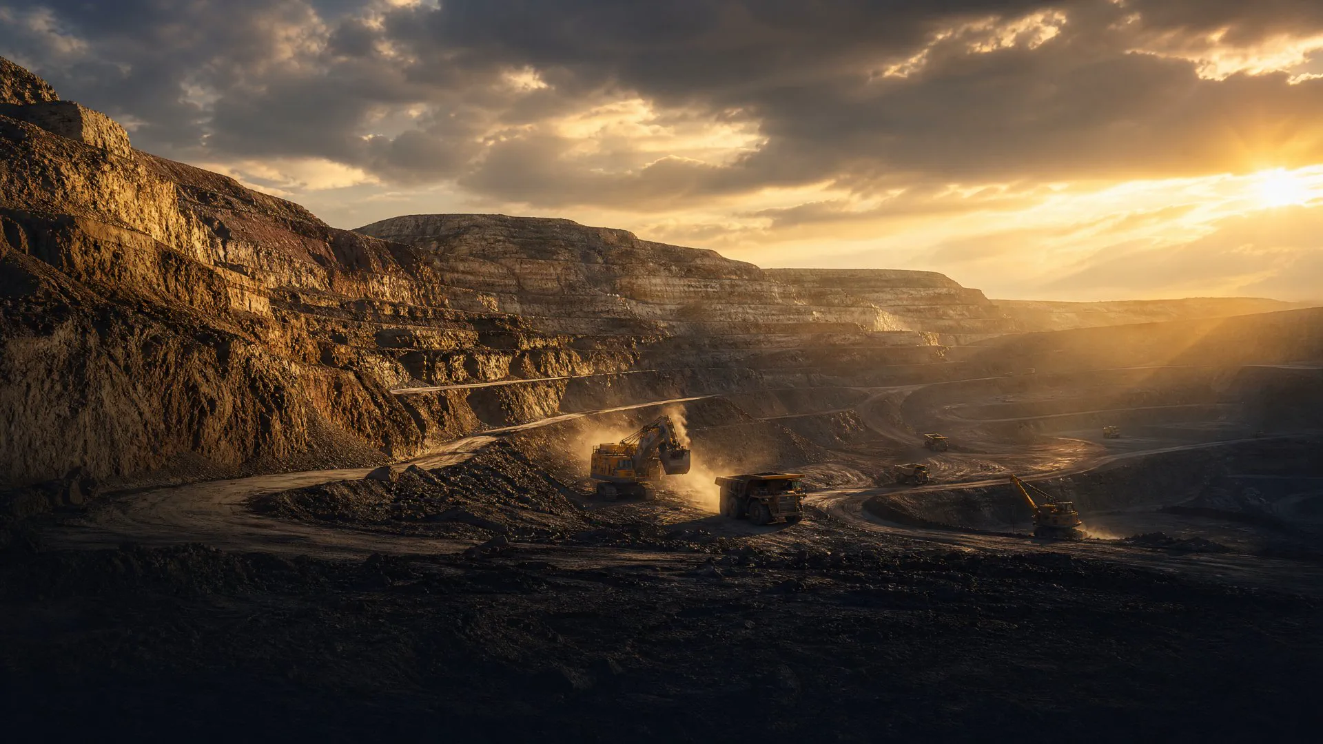 Open-pit mining operation with heavy machinery at golden hour