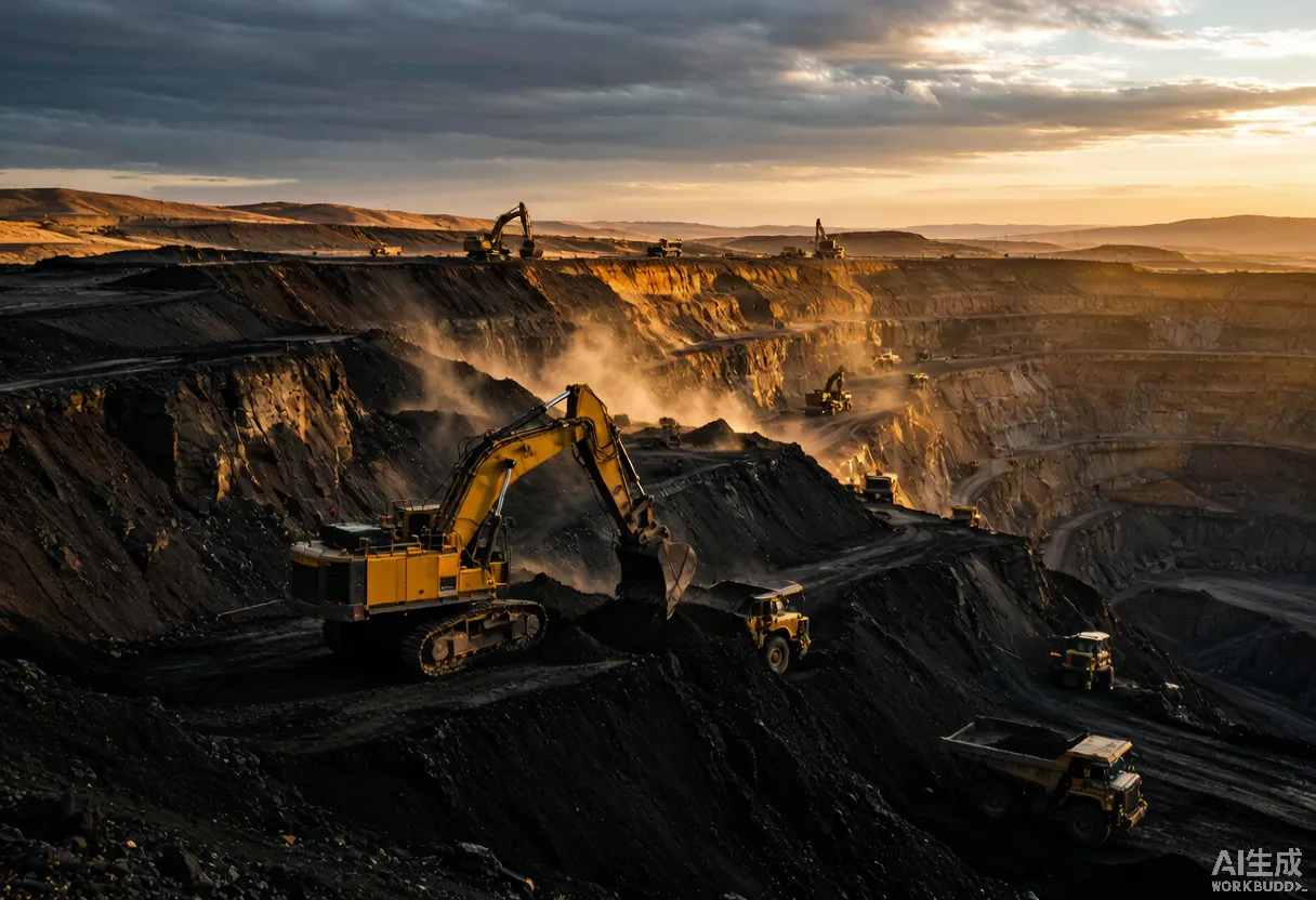 Open-pit mining operation with heavy machinery at golden hour